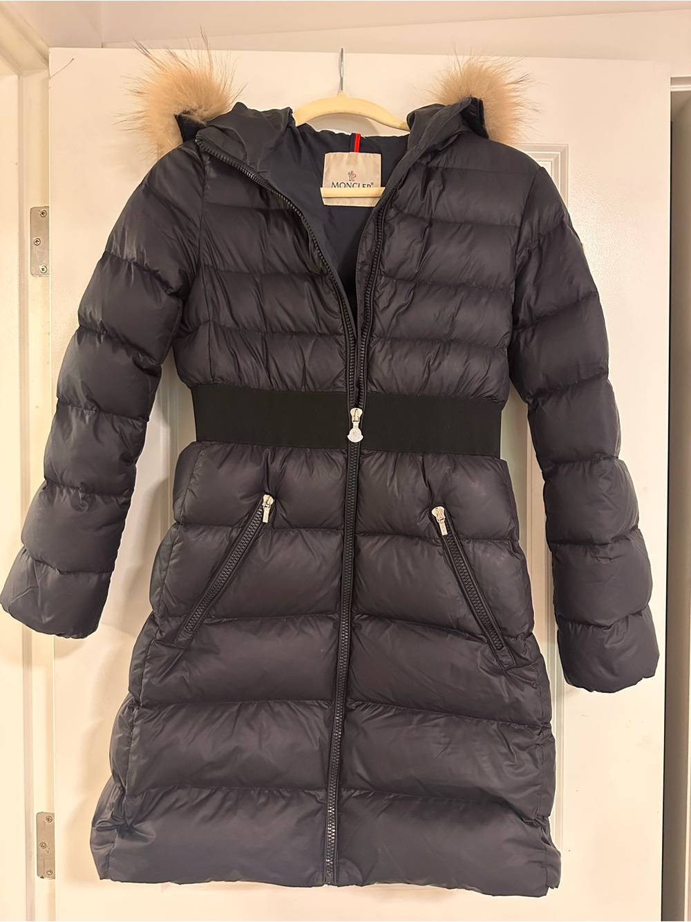 Moncler Navy Long Quilted Down Puffer Coat with Hood